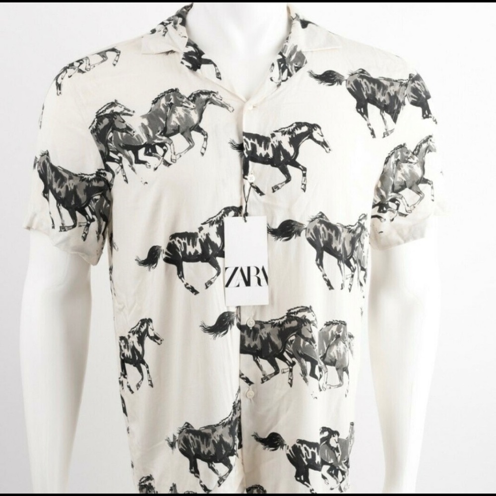 Zara Mens Horse Print Shirt Medium White Black